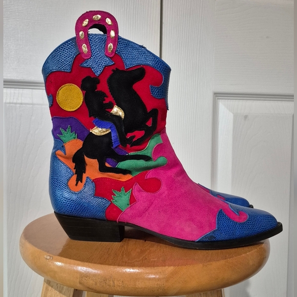 Zalo Shoes - 80s Vintage Zalo Colorful Suede Cowboy Boots Womens size 6.5 Made in Spain